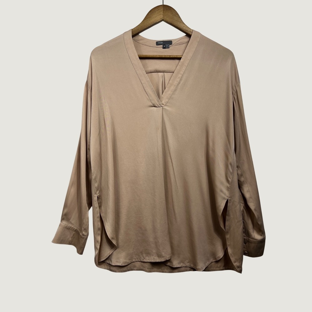 Vince Blouse Women S Tan Silk V-Neck Oversized Long Sleeve Pullover Top